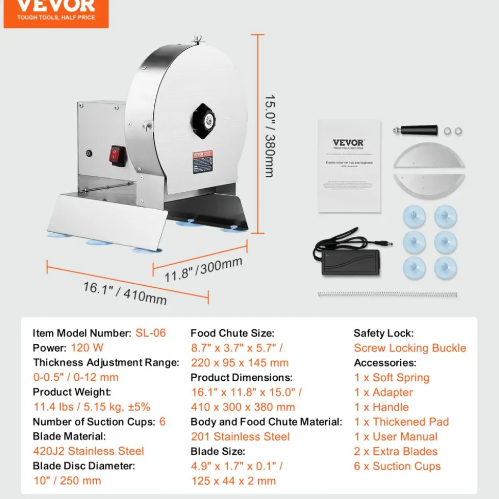 VEVOR Electric Vegetable Slicer, 0-0.5"/0-12mm Thickness Adjustable Commercial Slicer Machine, Convertible to Manual, Stainless Steel Food Cutter Slicing Machine, for Potato, Lemon, Tomato, Apple