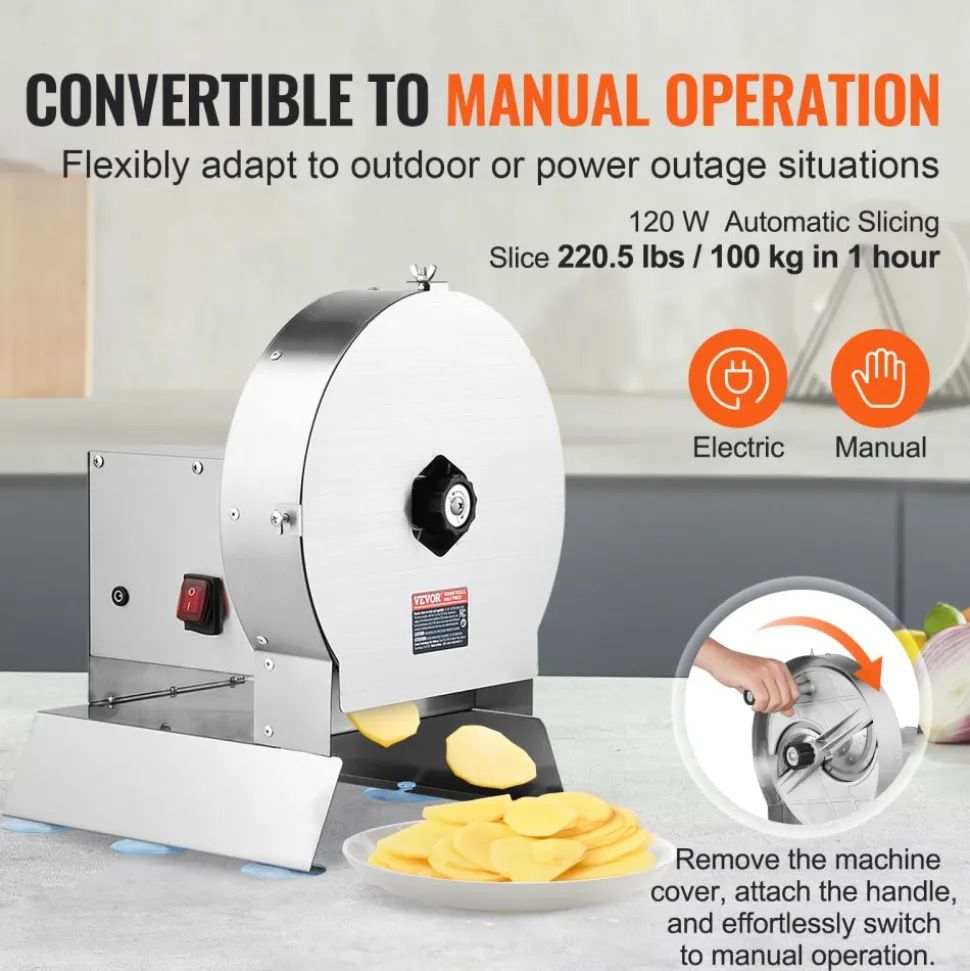 VEVOR Electric Vegetable Slicer, 0-0.5"/0-12mm Thickness Adjustable Commercial Slicer Machine, Convertible to Manual, Stainless Steel Food Cutter Slicing Machine, for Potato, Lemon, Tomato, Apple