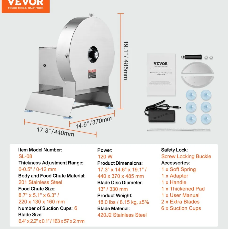 VEVOR Electric Vegetable Slicer, 0-0.5"/0-12mm Thickness Adjustable Commercial Slicer Machine, Convertible to Manual, Stainless Steel Food Cutter Slicing Machine, Large Feed Port for Potato, Tomato
