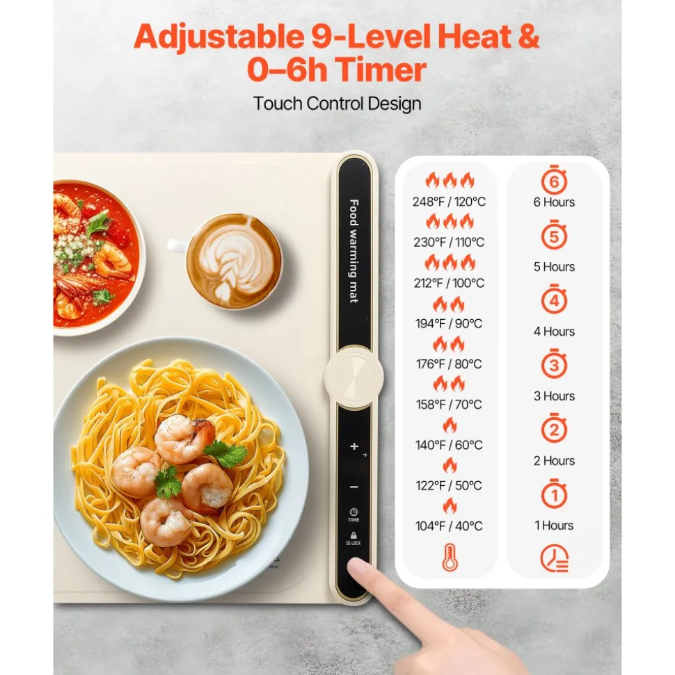 VEVOR Electric Warming Tray, Food Warming Mat for Buffet, Rollable & Portable Silicone Food Warmer with 9 Adjustable Temperature Settings, Auto Shut-Off & Child Lock, Ideal for Parties, Catering