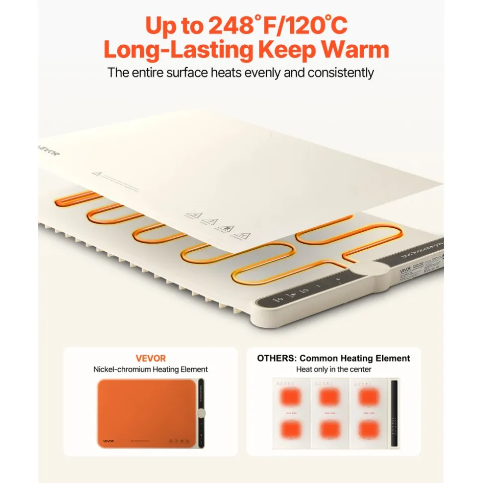 VEVOR Electric Warming Tray, Food Warming Mat for Buffet, Rollable & Portable Silicone Food Warmer with 9 Adjustable Temperature Settings, Auto Shut-Off & Child Lock, Ideal for Parties, Catering
