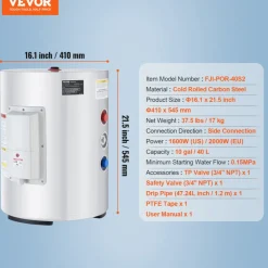 VEVOR Electric Water Heater, 10 Gallon Tank Instant Hot Water Heater, 1.6Kw Tankless Water Heater w/ LED Display,Knob Control, IPX4 Waterproof Side Connection On Demand Heaters for Shower, Bath