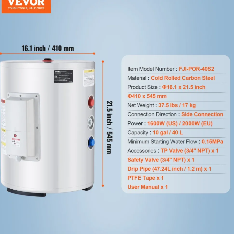 VEVOR Electric Water Heater, 10 Gallon Tank Instant Hot Water Heater, 1.6Kw Tankless Water Heater w/ LED Display,Knob Control, IPX4 Waterproof Side Connection On Demand Heaters for Shower, Bath