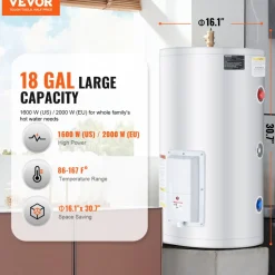 VEVOR Electric Water Heater, 18 Gallon Tank Instant Hot Water Heater, 1.6Kw Tankless Water Heater w/ LED Display,Knob Control, IPX4 Waterproof Side Connection On Demand Heaters for Shower, Bath
