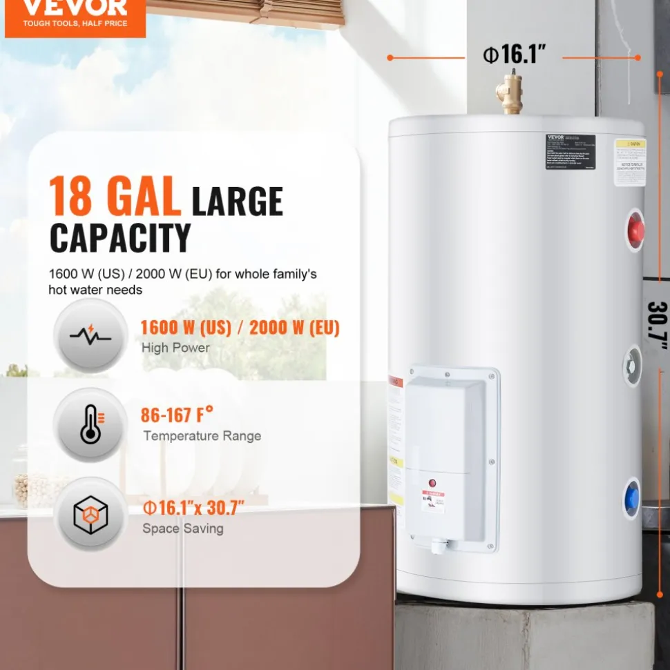 VEVOR Electric Water Heater, 18 Gallon Tank Instant Hot Water Heater, 1.6Kw Tankless Water Heater w/ LED Display,Knob Control, IPX4 Waterproof Side Connection On Demand Heaters for Shower, Bath