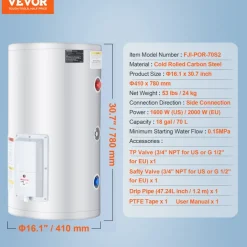 VEVOR Electric Water Heater, 18 Gallon Tank Instant Hot Water Heater, 1.6Kw Tankless Water Heater w/ LED Display,Knob Control, IPX4 Waterproof Side Connection On Demand Heaters for Shower, Bath