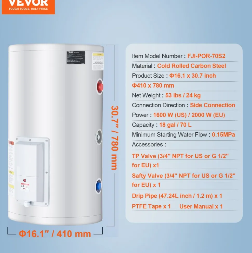 VEVOR Electric Water Heater, 18 Gallon Tank Instant Hot Water Heater, 1.6Kw Tankless Water Heater w/ LED Display,Knob Control, IPX4 Waterproof Side Connection On Demand Heaters for Shower, Bath
