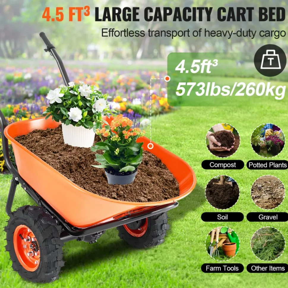 VEVOR Electric Wheelbarrow Cart, 500W Powered Utility Garden Wagon Dump Cart, 4.5 Cu Ft Load & 573 lbs Capacity with Metal Handle & 16" Track Wheels, Two Wheel Barrow Yard Cart & Wagons for Lawn Farm