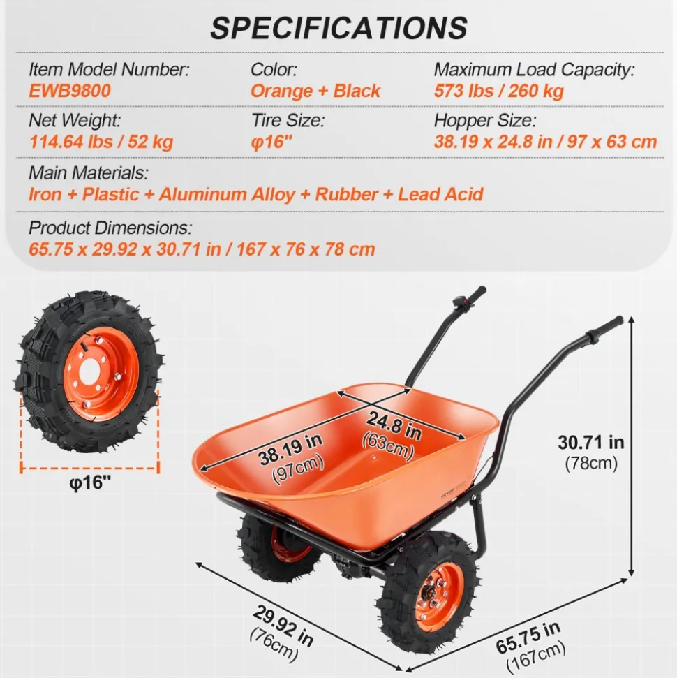 VEVOR Electric Wheelbarrow Cart, 500W Powered Utility Garden Wagon Dump Cart, 4.5 Cu Ft Load & 573 lbs Capacity with Metal Handle & 16" Track Wheels, Two Wheel Barrow Yard Cart & Wagons for Lawn Farm