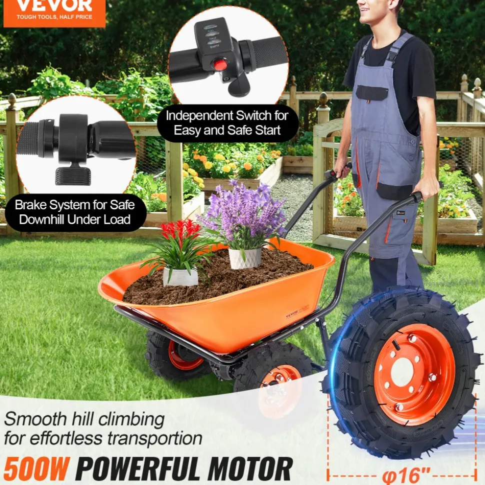 VEVOR Electric Wheelbarrow Cart, 500W Powered Utility Garden Wagon Dump Cart, 4.5 Cu Ft Load & 573 lbs Capacity with Metal Handle & 16" Track Wheels, Two Wheel Barrow Yard Cart & Wagons for Lawn Farm