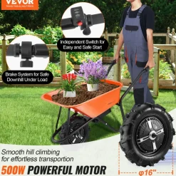 VEVOR Electric Wheelbarrow Cart, 500W Powered Utility Garden Wagon Dump Cart, 5 Cu. Ft. Load & 330 lbs Capacity with Metal Handle & 16