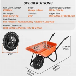 VEVOR Electric Wheelbarrow Cart, 500W Powered Utility Garden Wagon Dump Cart, 5 Cu. Ft. Load & 330 lbs Capacity with Metal Handle & 16