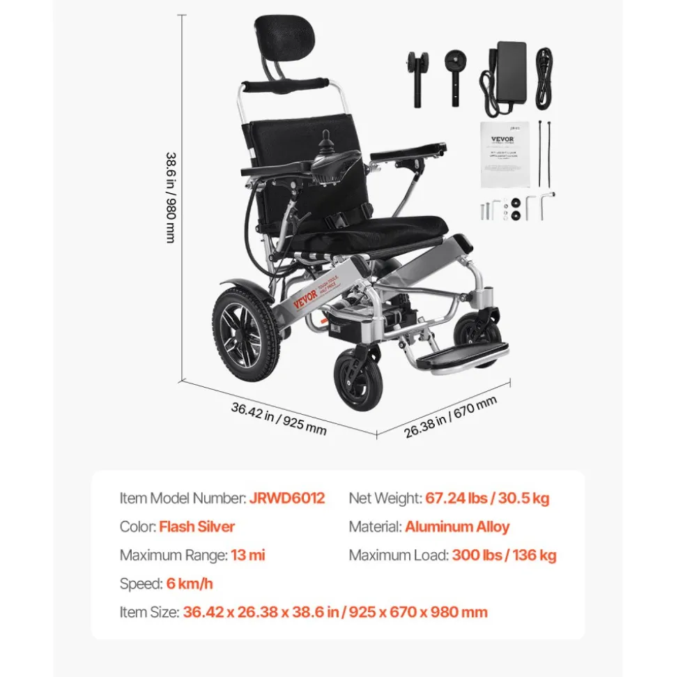 VEVOR Electric Wheelchair for Adults, 300lbs Capacity with Adjustable Backrest, Foldable & Lightweight Motorized Wheelchair, 13-Mile Range, All-Terrain Powered Chair, Portable for Seniors & Disabled