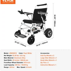 VEVOR Electric Wheelchair for Adults Seniors, 300 lbs Weight Capacity, 20 in Width Lightweight Foldable Motorized Power Wheelchairs, Long Range All Terrain Aluminum Alloy Chair