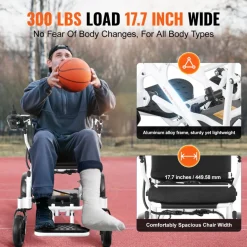 VEVOR Electric Wheelchair for Adults Seniors, 300 lbs Weight Capacity, 17.7 in Width Lightweight Foldable Motorized Power Wheelchairs, UP to 12.5 Miles Range All Terrain Aluminum Alloy Chair