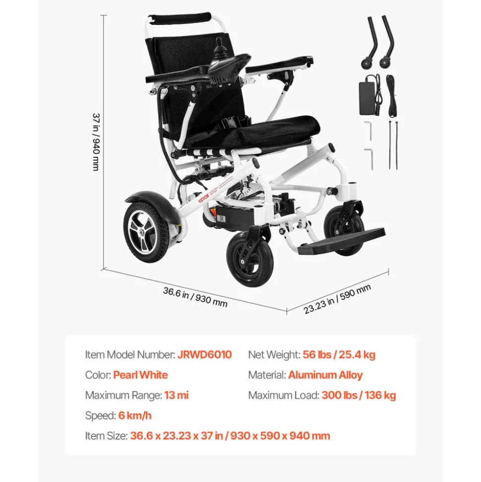 VEVOR Electric Wheelchair for Adults, 300lbs Capacity, Foldable & Lightweight Motorized Wheelchair, 13-Mile Long Travel Range, All-Terrain Powered Chair, Portable for Seniors & Disabled