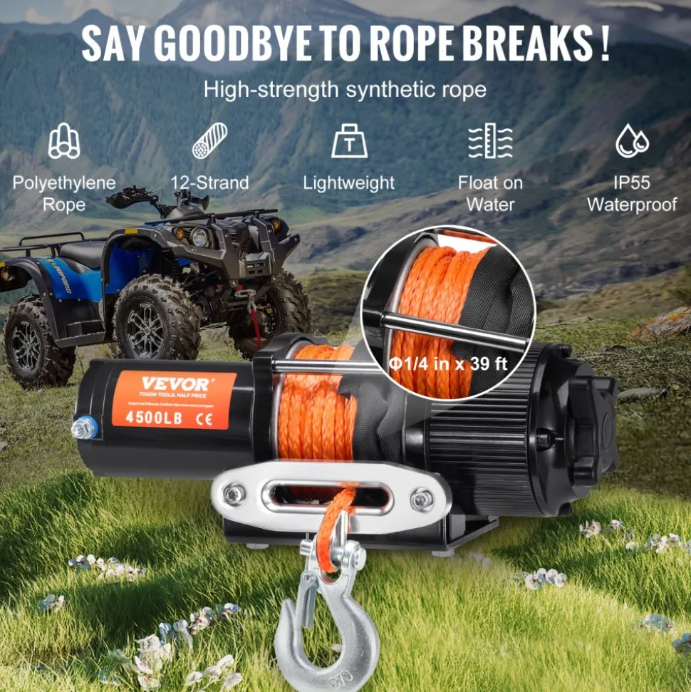 VEVOR Electric Winch, 4000 lb Line Pull Capacity, 12V DC ATV/UTV Winch with Φ3/16 in x 39 ft 7 Strands Steel Cable Roller Fairlead Wireless & Wired Remote Control, IP55 Waterproof for Towing UTV ATV