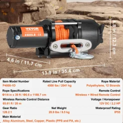 VEVOR Electric Winch, 4000 lb Line Pull Capacity, 12V DC ATV/UTV Winch with Φ3/16 in x 39 ft 7 Strands Steel Cable Roller Fairlead Wireless & Wired Remote Control, IP55 Waterproof for Towing UTV ATV
