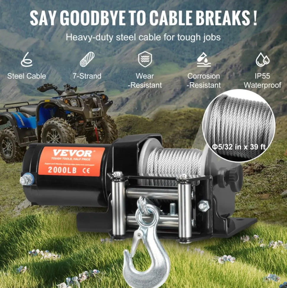 VEVOR Electric Winch, 2000 lb Line Pull Capacity, 12V DC ATV/UTV Winch with Φ5/32 in x 39 ft 7 Strands Steel Cable Roller Fairlead Wired Remote Control, IP55 Waterproof for Towing UTV ATV Off-Road