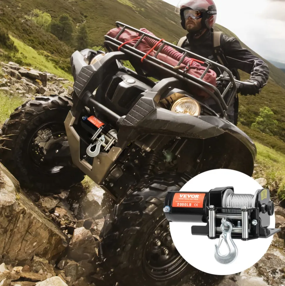 VEVOR Electric Winch, 2000 lb Line Pull Capacity, 12V DC ATV/UTV Winch with Φ5/32 in x 39 ft 7 Strands Steel Cable Roller Fairlead Wired Remote Control, IP55 Waterproof for Towing UTV ATV Off-Road