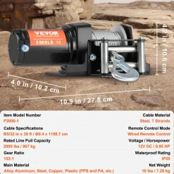 VEVOR Electric Winch, 2000 lb Line Pull Capacity, 12V DC ATV/UTV Winch with Φ5/32 in x 39 ft 7 Strands Steel Cable Roller Fairlead Wired Remote Control, IP55 Waterproof for Towing UTV ATV Off-Road