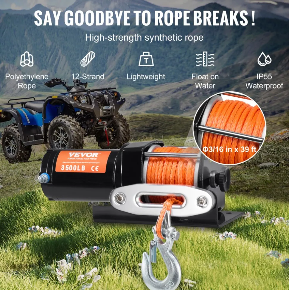 VEVOR Electric Winch, 3500 lb Line Pull Capacity, 12V DC ATV/UTV Winch with Φ3/16 in x 39 ft 12 Strands Synthetic Rope Aluminum Fairlead Wired Remote Control, IP55 Waterproof for Towing UTV ATV Boat