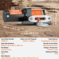 VEVOR Electric Winch, 3500 lb Line Pull Capacity, 12V DC ATV/UTV Winch with Φ3/16 in x 39 ft 12 Strands Synthetic Rope Aluminum Fairlead Wired Remote Control, IP55 Waterproof for Towing UTV ATV Boat