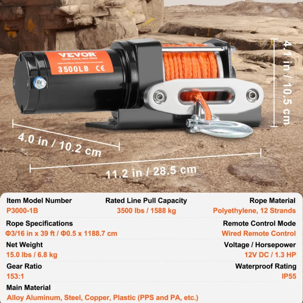 VEVOR Electric Winch, 3500 lb Line Pull Capacity, 12V DC ATV/UTV Winch with Φ3/16 in x 39 ft 12 Strands Synthetic Rope Aluminum Fairlead Wired Remote Control, IP55 Waterproof for Towing UTV ATV Boat
