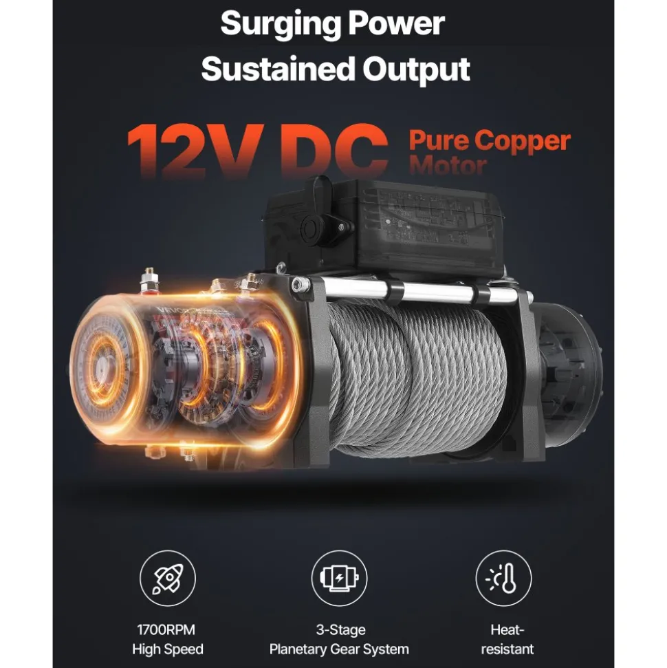 VEVOR Electric Winch, 12000 lbs Load Capacity, 12V DC Truck Winch with Φ0.36 in x 80 ft Steel Rope, Wireless & Wired Remote Control, IP55 Waterproof for Towing SUV Jeep Trailer Boat Off-Road Vehicle