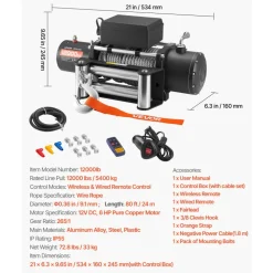 VEVOR Electric Winch, 12000 lbs Load Capacity, 12V DC Truck Winch with Φ0.36 in x 80 ft Steel Rope, Wireless & Wired Remote Control, IP55 Waterproof for Towing SUV Jeep Trailer Boat Off-Road Vehicle