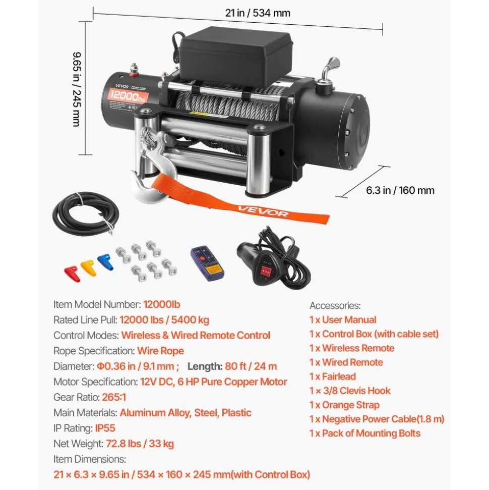 VEVOR Electric Winch, 12000 lbs Load Capacity, 12V DC Truck Winch with Φ0.36 in x 80 ft Steel Rope, Wireless & Wired Remote Control, IP55 Waterproof for Towing SUV Jeep Trailer Boat Off-Road Vehicle
