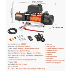 VEVOR Electric Winch, 12000 lbs Load Capacity, 12V DC Truck Winch with Φ0.36 in x 75.5 ft Synthetic Rope, Wireless & Wired Remote Control, IP55 Waterproof for Towing Off-Road SUV Jeep Trailer Boat