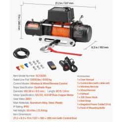 VEVOR Electric Winch, 13500 lbs Load Capacity, 12V DC Truck Winch with Φ3/8 in x 80 ft Synthetic Rope, Wireless & Wired Remote Control, Suitable for Towing Off-Road SUV Jeep Trailer Boat