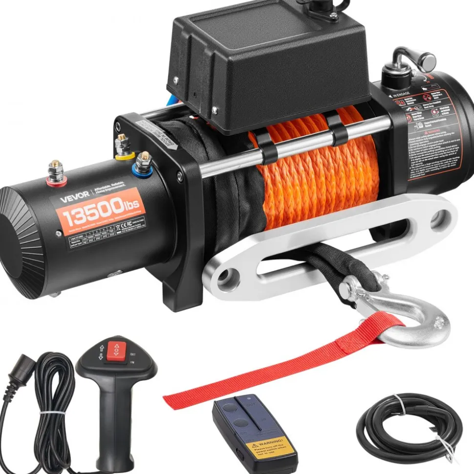 VEVOR Electric Winch, 13500 lbs Load Capacity, 12V DC Truck Winch with Φ3/8 in x 80 ft Synthetic Rope, Wireless & Wired Remote Control, Suitable for Towing Off-Road SUV Jeep Trailer Boat
