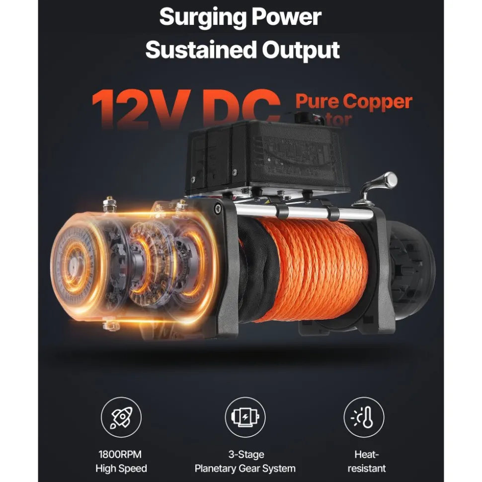 VEVOR Electric Winch, 13500 lbs Load Capacity, 12V DC Truck Winch with Φ3/8 in x 80 ft Synthetic Rope, Wireless & Wired Remote Control, Suitable for Towing Off-Road SUV Jeep Trailer Boat