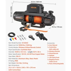 VEVOR Electric Winch, 12000 lbs Load Capacity, 12V DC Truck Winch with Φ3/8 in x 92 ft Synthetic Rope, Wireless & Wired Remote Control, IP68 Waterproof for Towing Off-Road SUV Jeep Trailer Boat