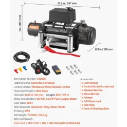 VEVOR Electric Winch, 12000 lbs Load Capacity, 12V DC Truck Winch with Φ7/20 in x 85 ft Steel Rope, Wireless & Wired Remote Control, Suitable for Towing SUV Jeep Trailer Boat Off-Road Vehicle