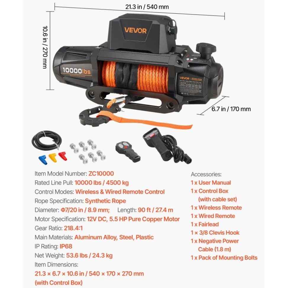 VEVOR Electric Winch, 10000 lbs Load Capacity, 12V DC Truck Winch with Φ7/20 in x 90 ft Synthetic Rope, Wireless & Wired Remote Control, IP68 Waterproof for Towing Off-Road SUV Jeep Trailer Boat