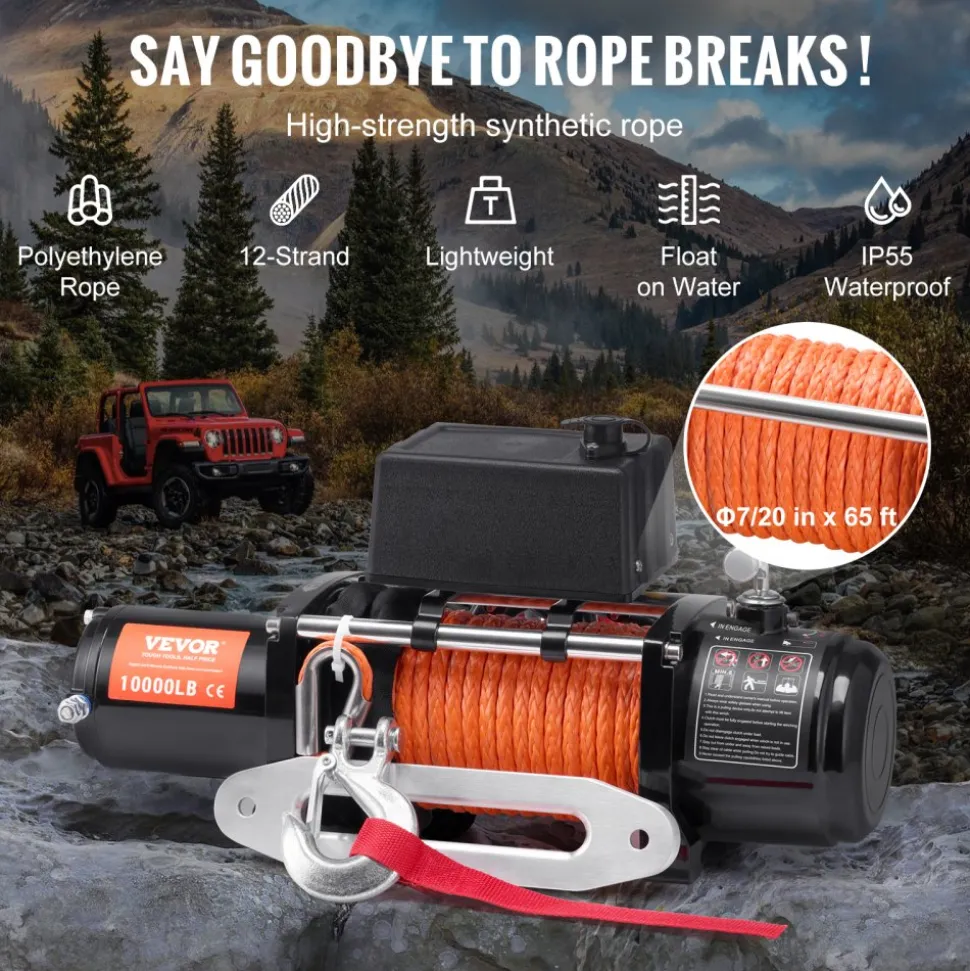 VEVOR Electric Winch, 10,000 lb, 12V DC Truck Winch with Φ7/20 in x 65 ft Synthetic Rope Aluminum Fairlead Wireless & Wired Remote Control, IP55 Waterproof for Towing Off-Road SUV Jeep Trailer Boat