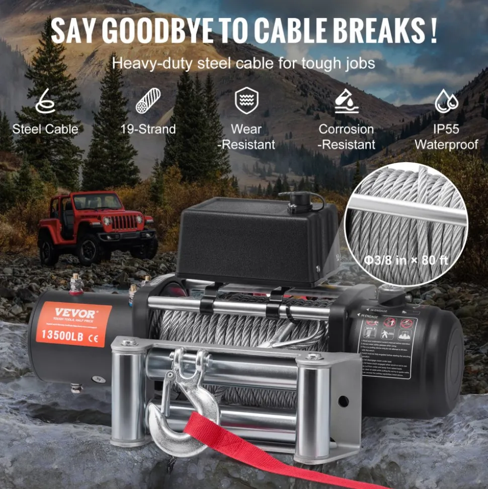 VEVOR Electric Winch, 13,500 lb, 12V DC Truck Winch with Φ3/8 in x 80 ft Steel Cable Roller Fairlead Wireless & Wired Remote Control, IP55 Waterproof for Towing Off-Road SUV Jeep Truck Trailer Boat