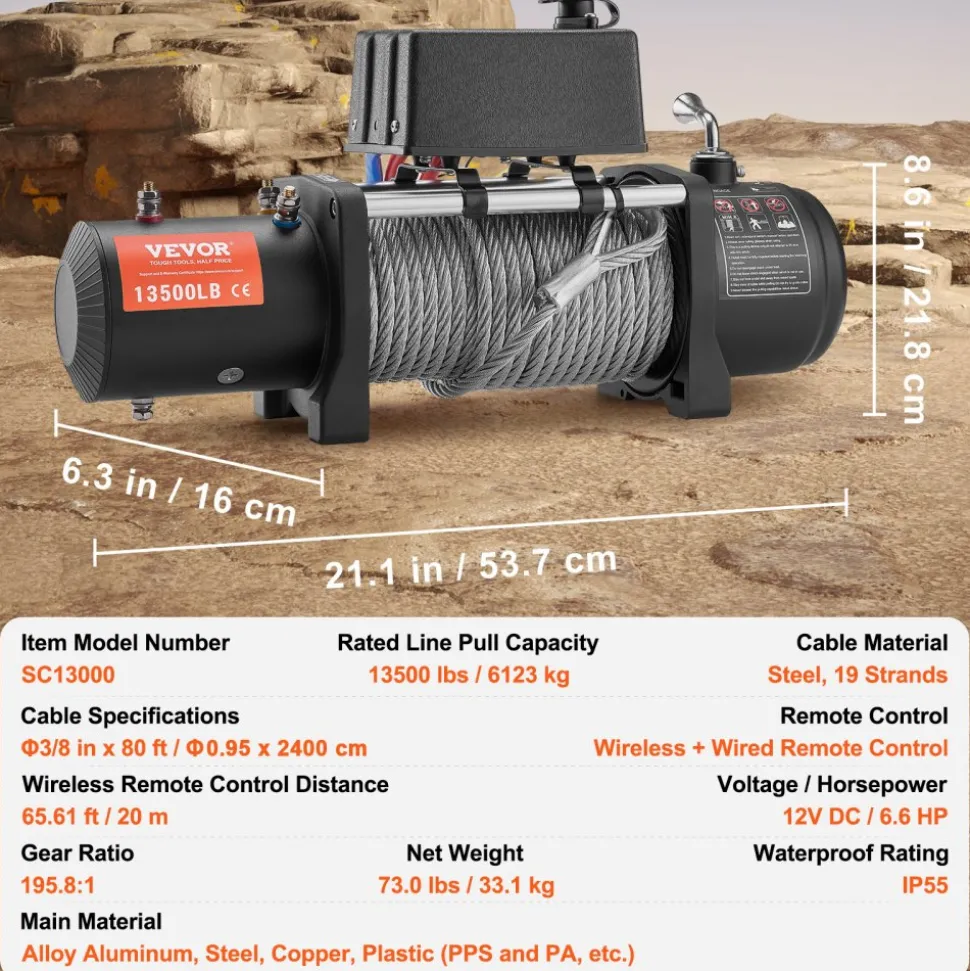 VEVOR Electric Winch, 13,500 lb, 12V DC Truck Winch with Φ3/8 in x 80 ft Steel Cable Roller Fairlead Wireless & Wired Remote Control, IP55 Waterproof for Towing Off-Road SUV Jeep Truck Trailer Boat