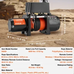VEVOR Electric Winch, 6000 lb, 12V DC Truck Winch with Φ1/4 in x 55 ft Synthetic Rope Aluminum Fairlead Wireless & Wired Remote Control, IP55 Waterproof for Towing Off-Road SUV Truck Jeep Trailer Boat