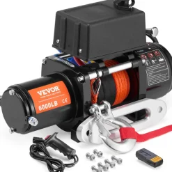 VEVOR Electric Winch, 6000 lb, 12V DC Truck Winch with Φ1/4 in x 55 ft Synthetic Rope Aluminum Fairlead Wireless & Wired Remote Control, IP55 Waterproof for Towing Off-Road SUV Truck Jeep Trailer Boat