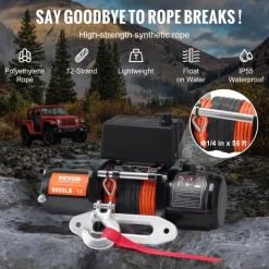 VEVOR Electric Winch, 6000 lb, 12V DC Truck Winch with Φ1/4 in x 55 ft Synthetic Rope Aluminum Fairlead Wireless & Wired Remote Control, IP55 Waterproof for Towing Off-Road SUV Truck Jeep Trailer Boat