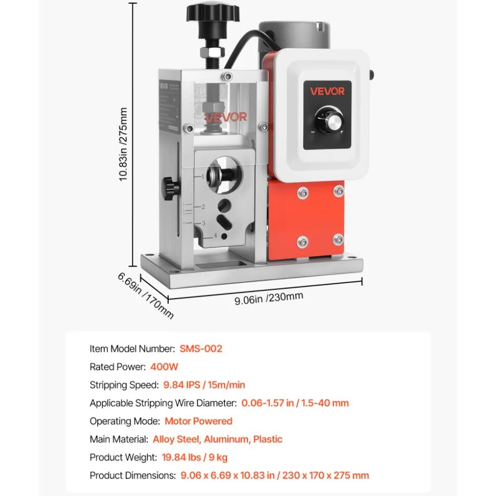 VEVOR Electric Wire Stripping Machine, 0.06-1.57 in, 400W Automatic Motorized Cable Stripper, 9.84 IPS (15 m/min) Wire Peeler with Blades, V-Shaped Rollers, Cooling Fan, for Scrap Copper Recycling