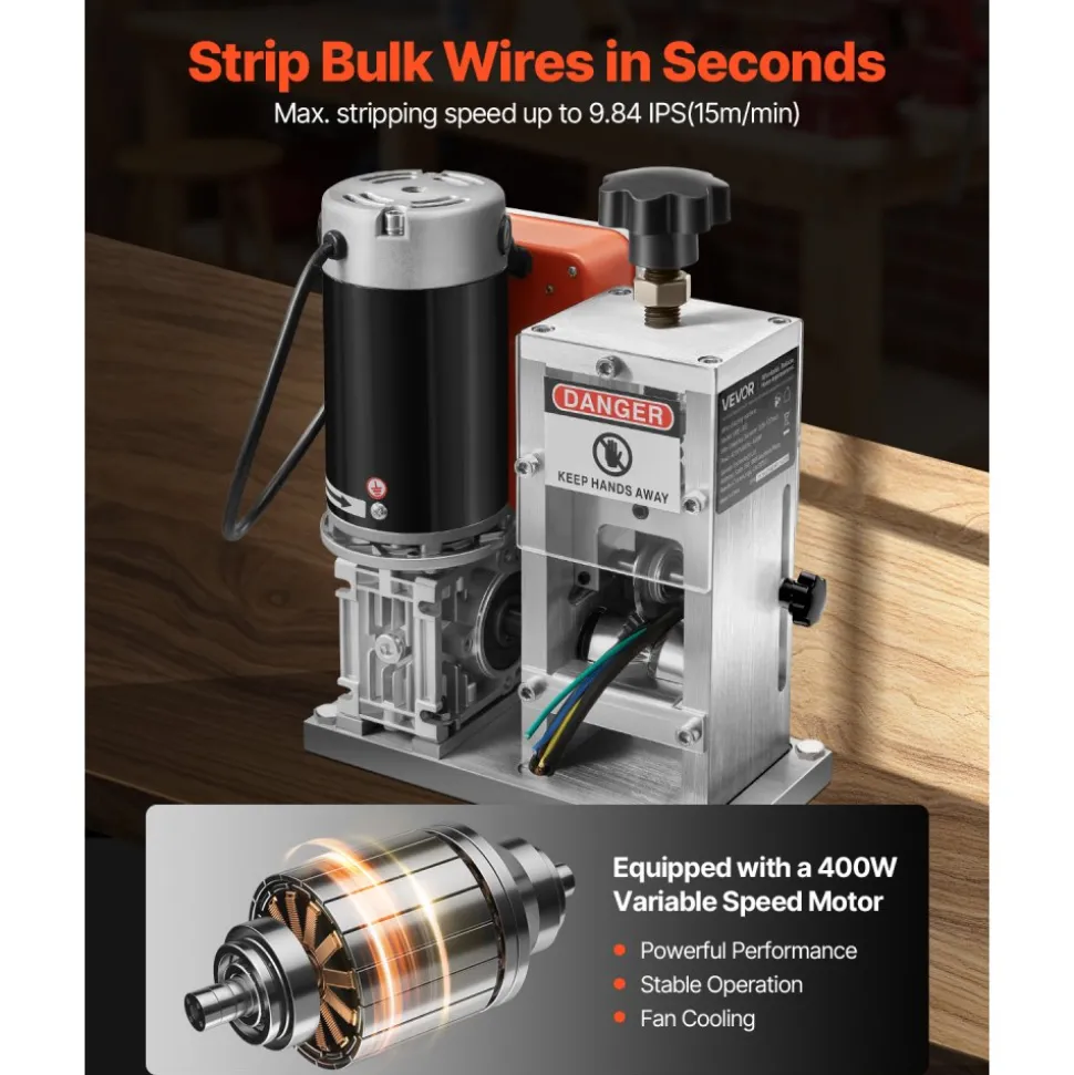 VEVOR Electric Wire Stripping Machine, 0.06-1.57 in, 400W Automatic Motorized Cable Stripper, 9.84 IPS (15 m/min) Wire Peeler with Blades, V-Shaped Rollers, Cooling Fan, for Scrap Copper Recycling