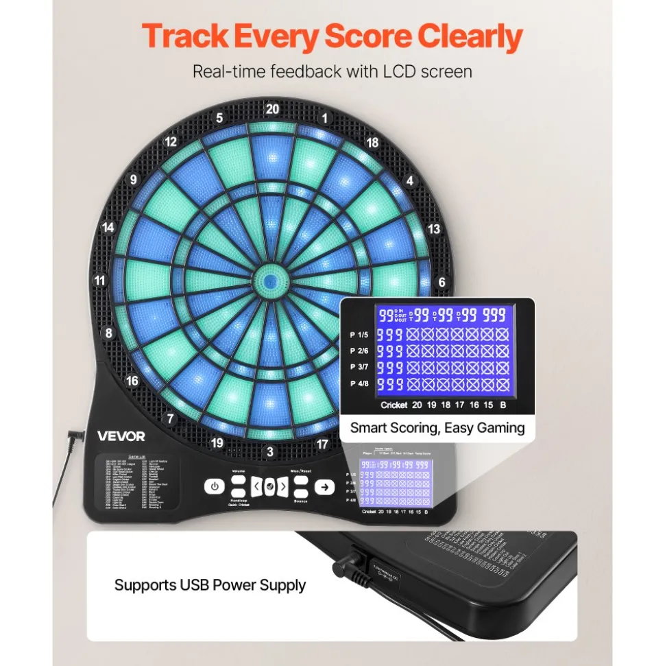 VEVOR Electronic Dart Board, LED-Illuminated Target Dartboard with 48 Games & 500+ Variations, Includes 6 Dart Shafts with Flights & 50 Soft Tips, Cricket Scoring LCD Screen - Supports Up to 8 Players