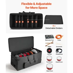 VEVOR Electronic Drum Kit Bag, 600D, Padded Drum Bag with Wheels, Large 36.2 x 16.5 x 16.1 in Interior, Lightweight Travel Case with Detachable Dividers, Multiple Pockets, for Electric Drums, Black