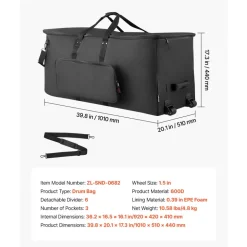 VEVOR Electronic Drum Kit Bag, 600D, Padded Drum Bag with Wheels, Large 36.2 x 16.5 x 16.1 in Interior, Lightweight Travel Case with Detachable Dividers, Multiple Pockets, for Electric Drums, Black