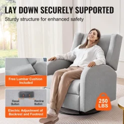 VEVOR Electronic Power Recliner and Swivel Glider, 250 lbs Weight Capacity Swivel Glider Recliner Chair with USB Port, Polyester Surface Swivel Rocker Recliner  for Living Room, Bedroom, Light Gray